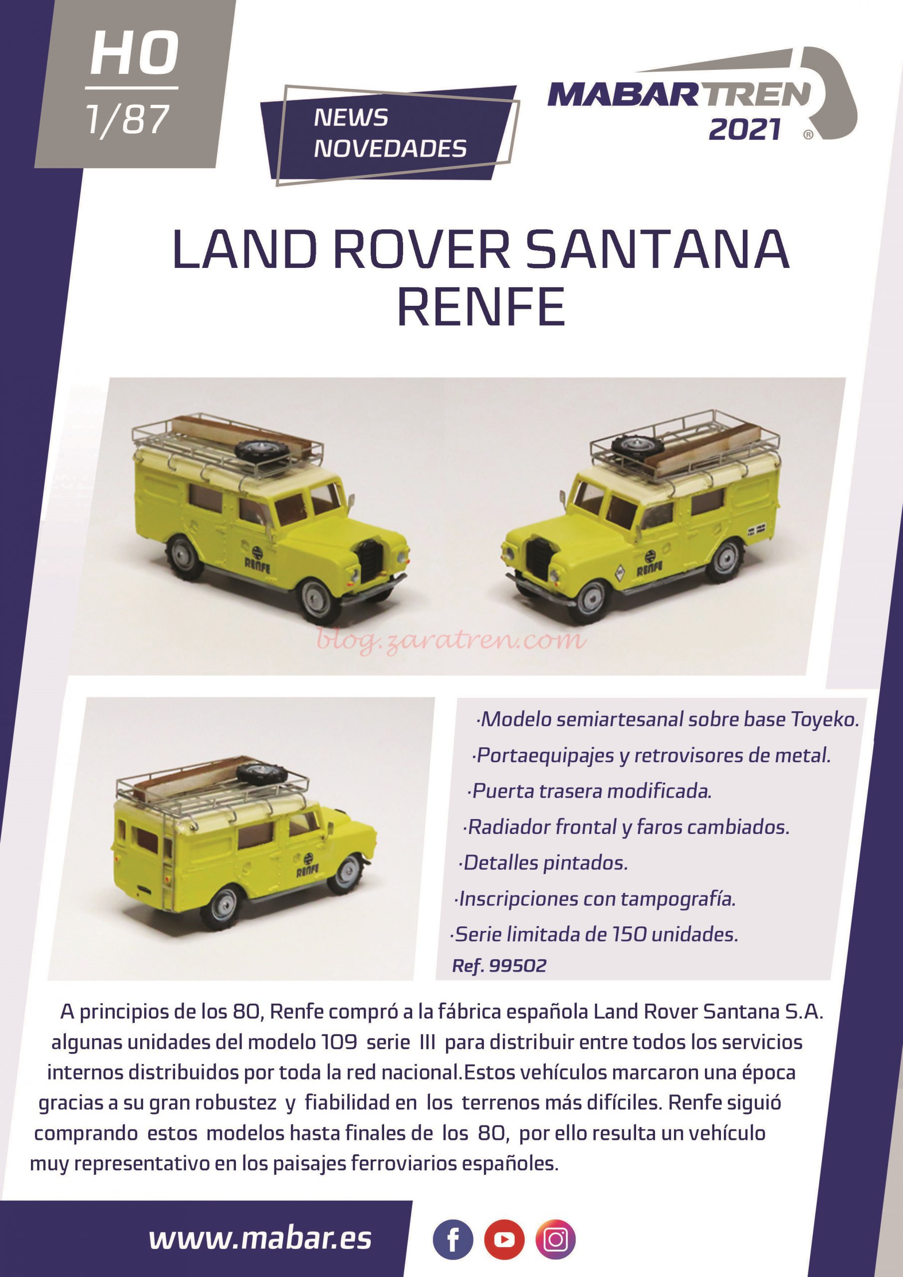 Mabar – Land Rover Renfe, Color amarillo, Epoca IV, Escala H0. Ref: 99502.