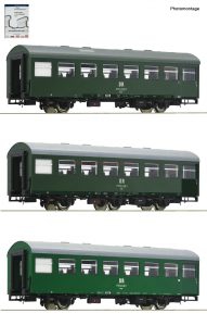 Roco - Set de tres coches de viajeros Rekowagen, DR, Epoca IV, Escala H0, Ref: 74071.