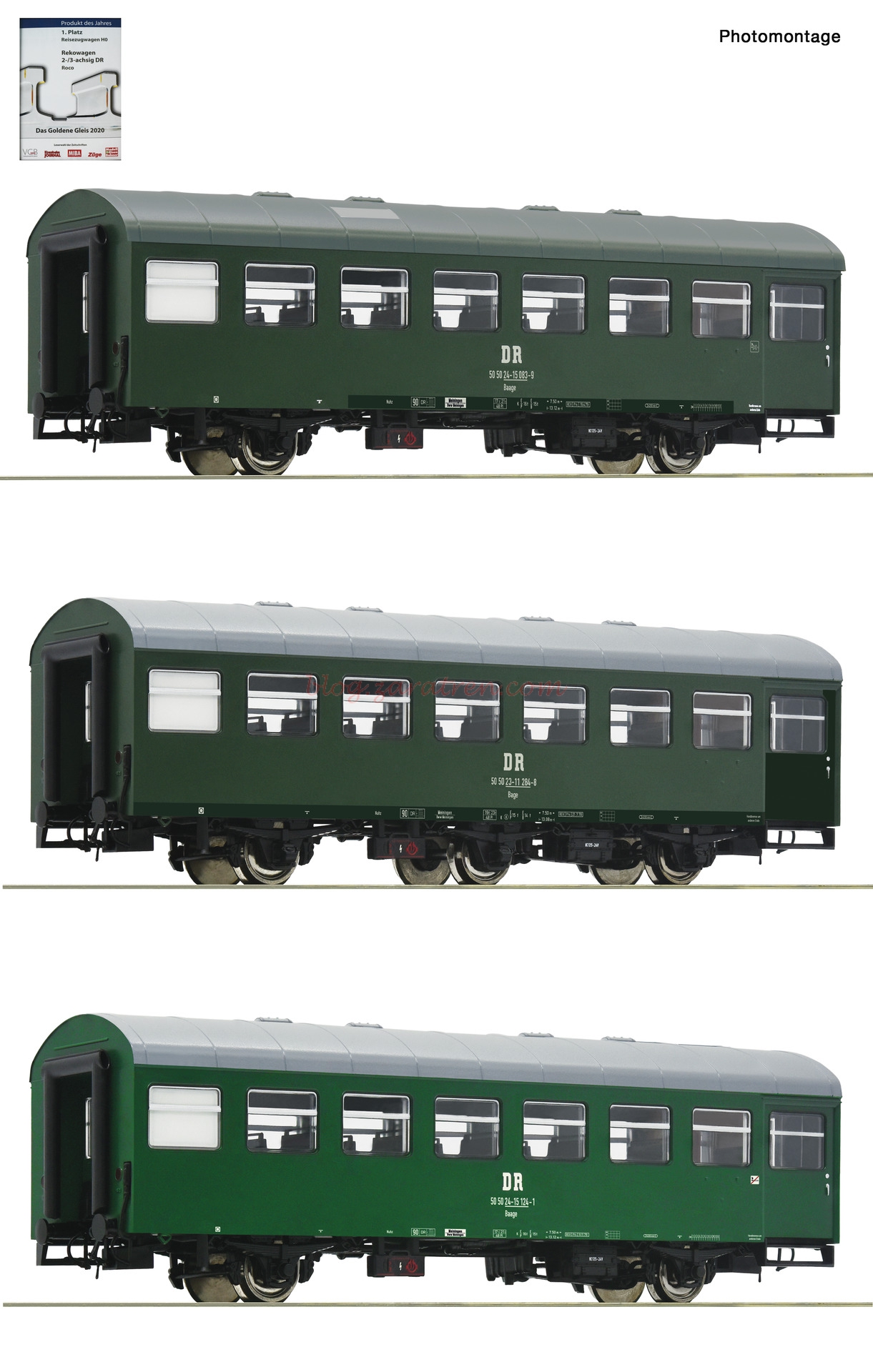Roco – Set de tres coches de viajeros Rekowagen, DR, Epoca IV, Escala H0, Ref: 74071.