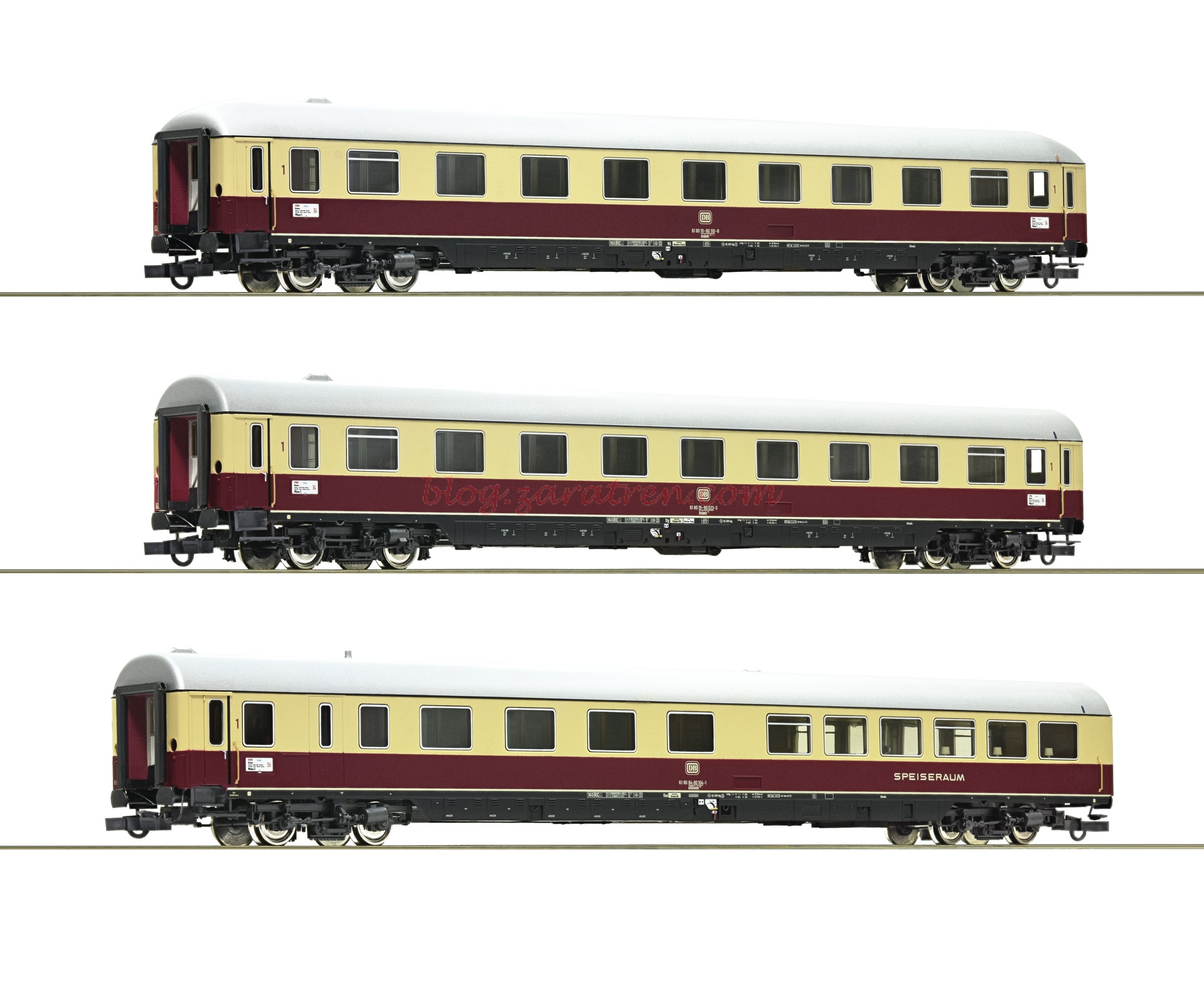 Roco – Set de tres coches de viajeros Trans-Europ-Express, DB, Epoca IV, Escala H0, Ref: 74072.