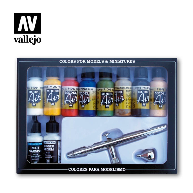 Vallejo – Set basico de Model Air, 8 botes de 17 ml, Auxiliares y Aerografo. Ref: 71.167.