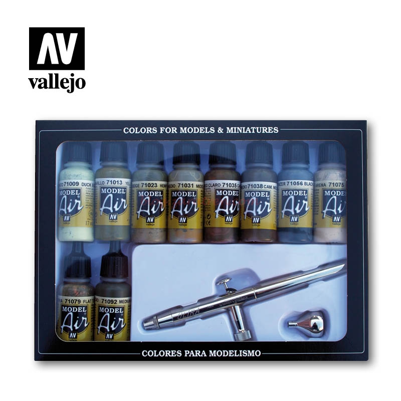 Vallejo – Set basico camuflaje de Model Air, 8 botes de 17 ml, Auxiliares y Aerografo. Ref: 71.168.