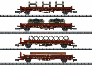 Minitrix - Set de cuatro vagones Plataforma kkkmls con cargas, Epoca IV, EScala N, Ref: 18707