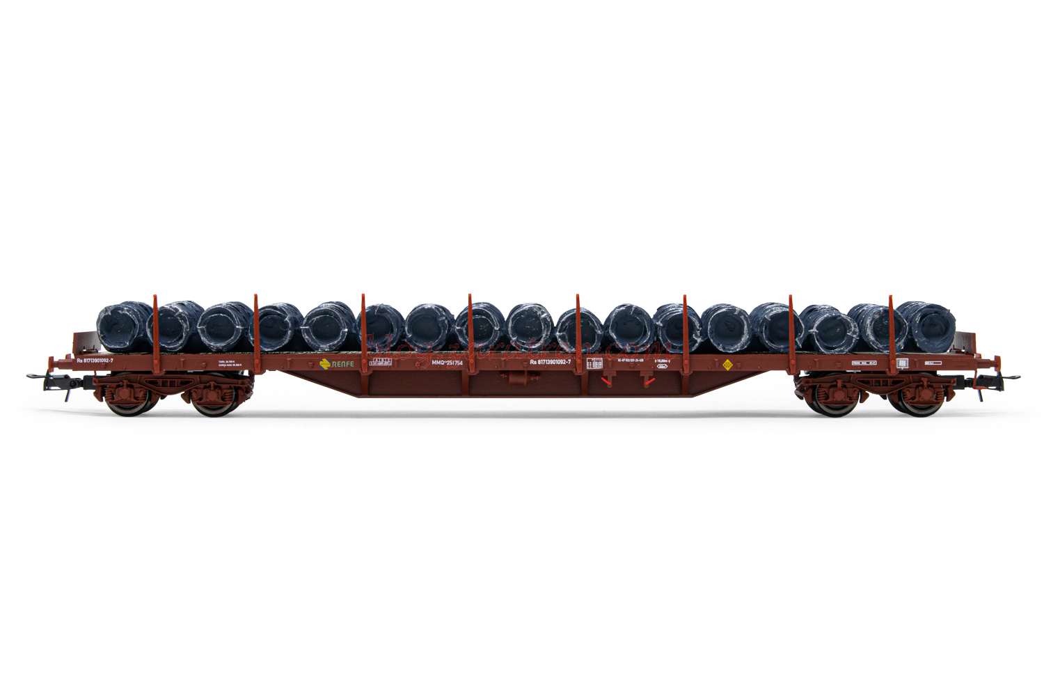 Electrotren – Vagón plataforma, Tipo MMQ, RENFE, Rojo Oxido, Carga Rollos Alambrón, Epoca IV, Escala H0, Ref: HE6033.