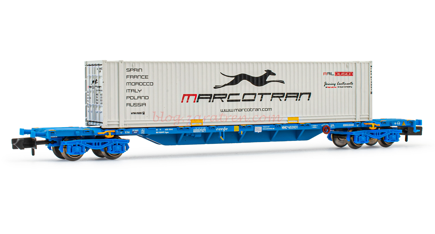 Arnold – Vagón Plataforma tipo MMC, Renfe, Color azul, Marcotran, 45 pies, Escala N, Ref: HN6460.