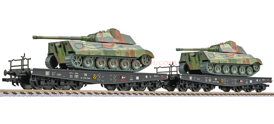 Liliput – Set de dos plataformas con carga de Tanques Panzer, Epoca II-III, DRG, Escala H0, Ref: L230173.