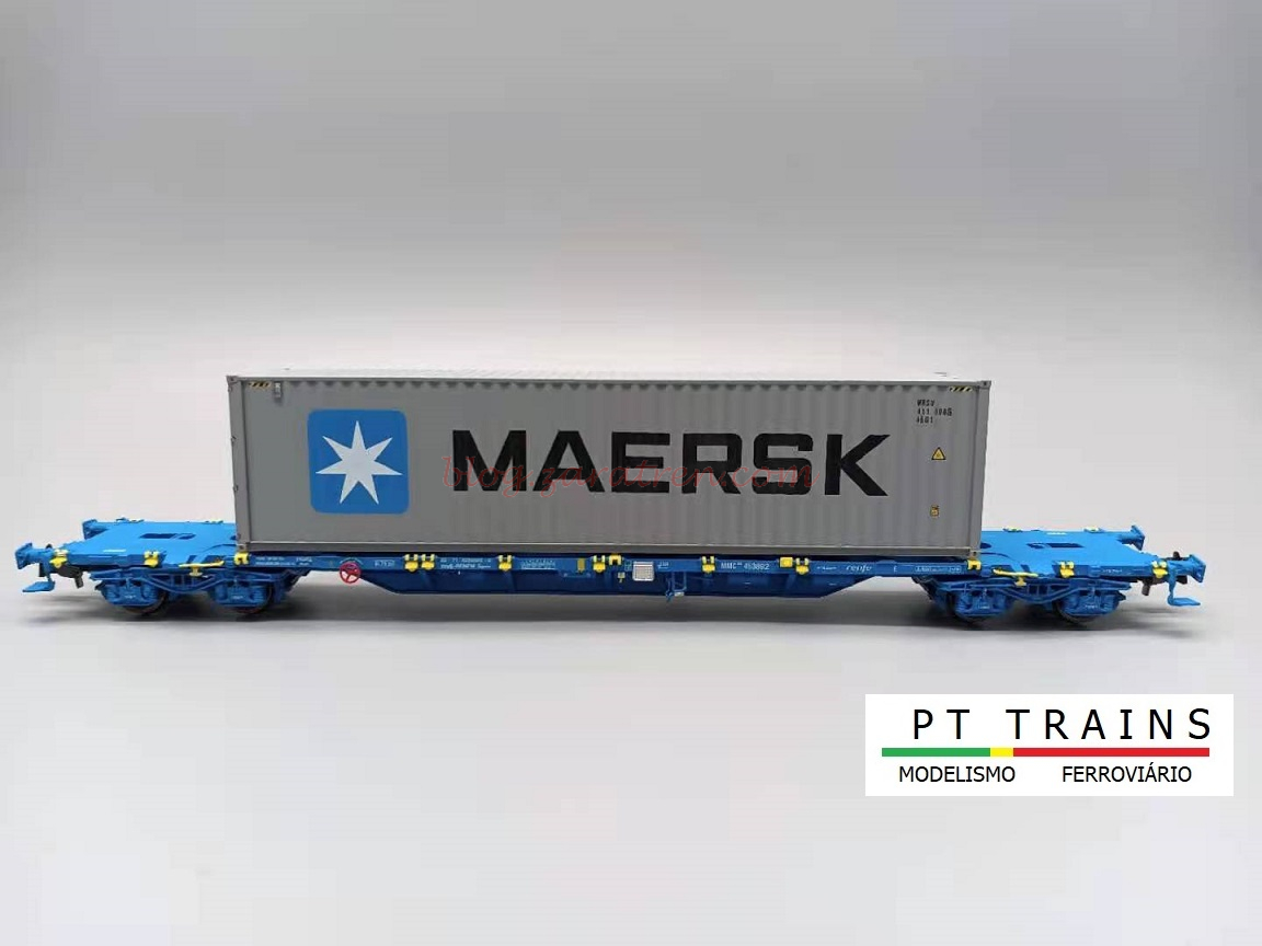 PT Trains – Vagón portacontenedores Renfe, Cont Maersk, T. Sgnss, Epoca VI, Escala H0, Ref: 100013.