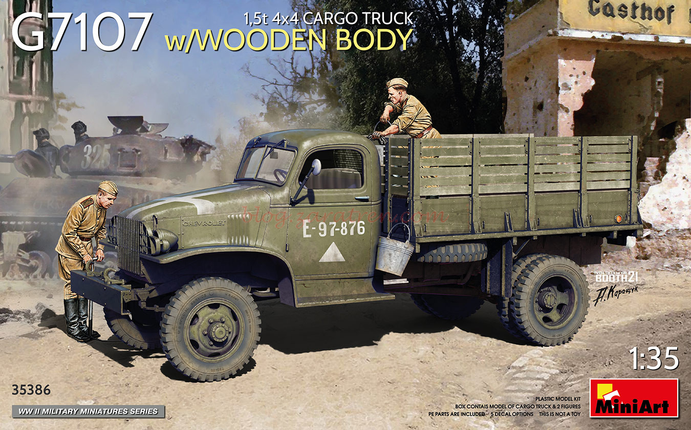 Miniart Models – Vehiculo G7107 1,5t 4×4 Cargo Truck w/Wooden Body, Escala 1:35, Ref: 35386.
