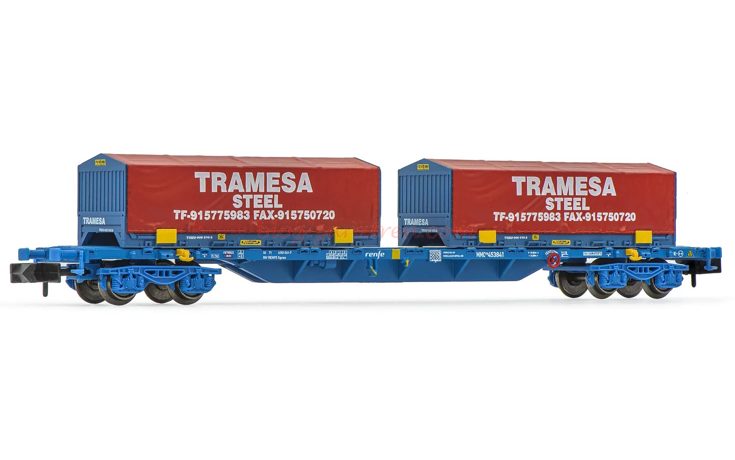 Arnold – Vagón Plataforma MMC, Renfe, C. azul, Carga Bobinas Railsider, Escala N, Ref: HN6591.