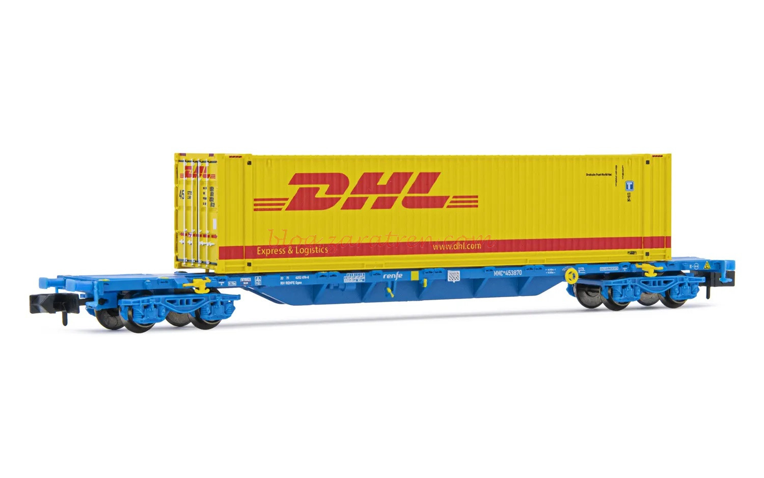 Arnold – Vagón Plataforma tipo MMC, Renfe, Color azul, DHL, 45 pies, Escala N, Ref: HN6593.