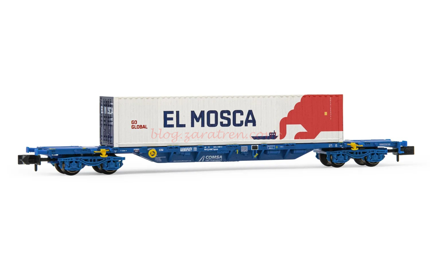Arnold – Vagón Plataforma tipo Sgnss, Comsa, Color azul, El Mosca, 45 pies, Escala N, Ref: HN6594.