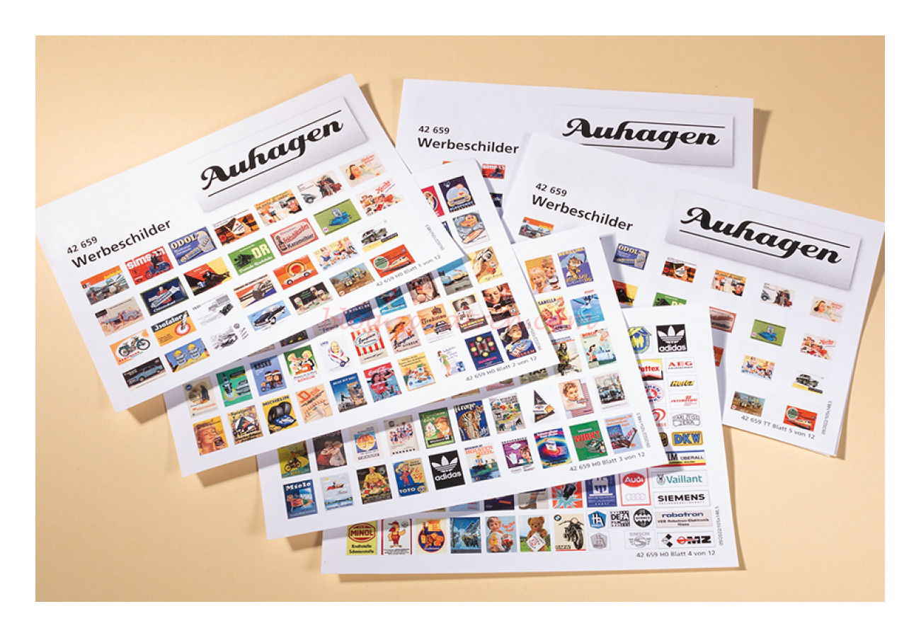 Auhagen – Carteles publicitarios, 600 diferentes de 3 tamaños, Escala H0, Ref: 42659