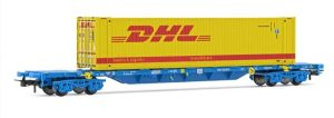 Electrotren - Vagón plataforma, Tipo MMC3, RENFE, Color Azul, Cont. DHL, Epoca VI, Escala H0, Ref: HE6069