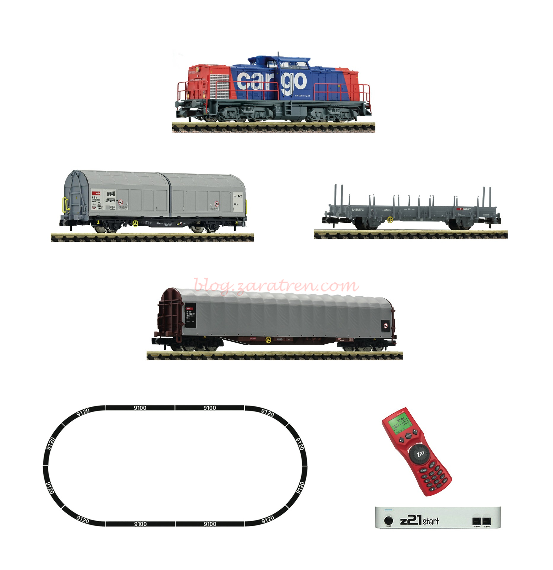 Fleischmann – Set de Inicio Loc. Clase 203, SBB Cargo, tres vagones de mercancias, D. Sonido, Escala N, Ref: 931903