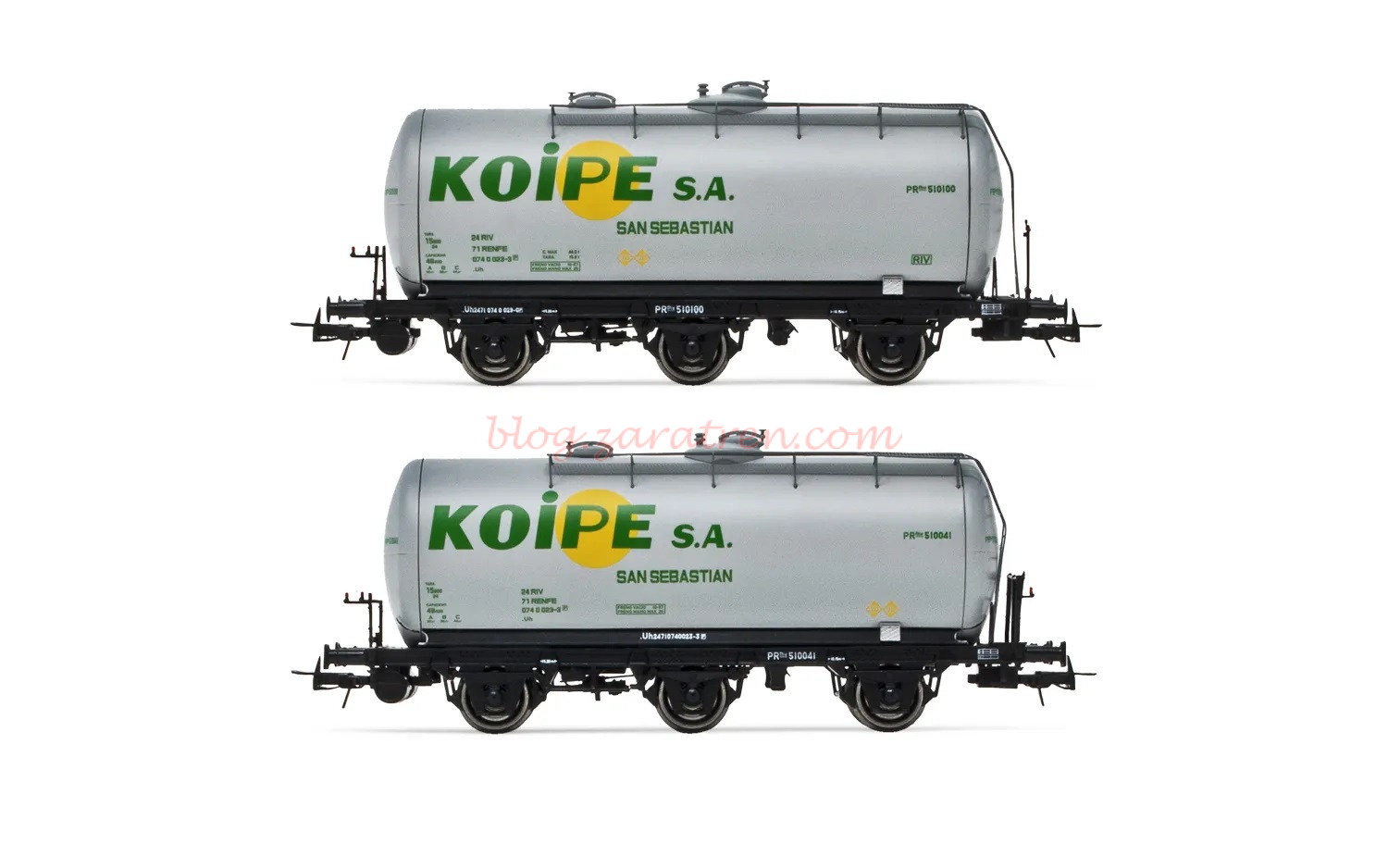 Electrotren – Set de 2 vagones cisternas de 3 ejes, decoración gris, «Koype», Epoca IV, Escala H0. Ref: HE6022