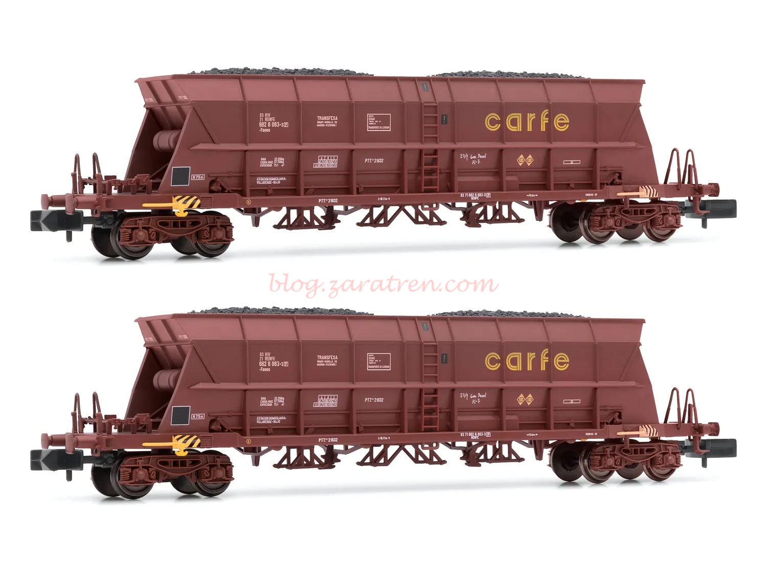 Arnold – Set de 2 vagones tolva, Faoos, para carbón, decoración marrón, «Semat/Carfe», Epoca IV-V, Escala N, Ref: HN6551