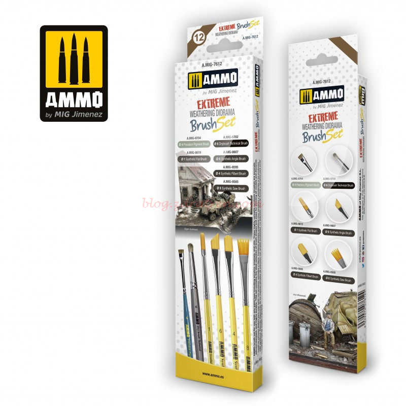 Ammo Mig Jimenez – Brush Set, Set de pinceles para el envejecido extremo de dioramas, Ref: A.MIG-7612