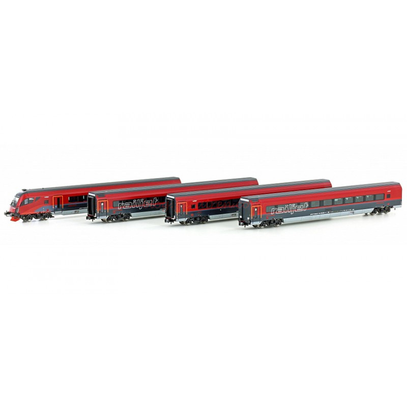 Hobbytrain – Set de Cuatro coches de Pasajeros RAILJET, OBB, Epoca VI, Escala N, Ref: H25220