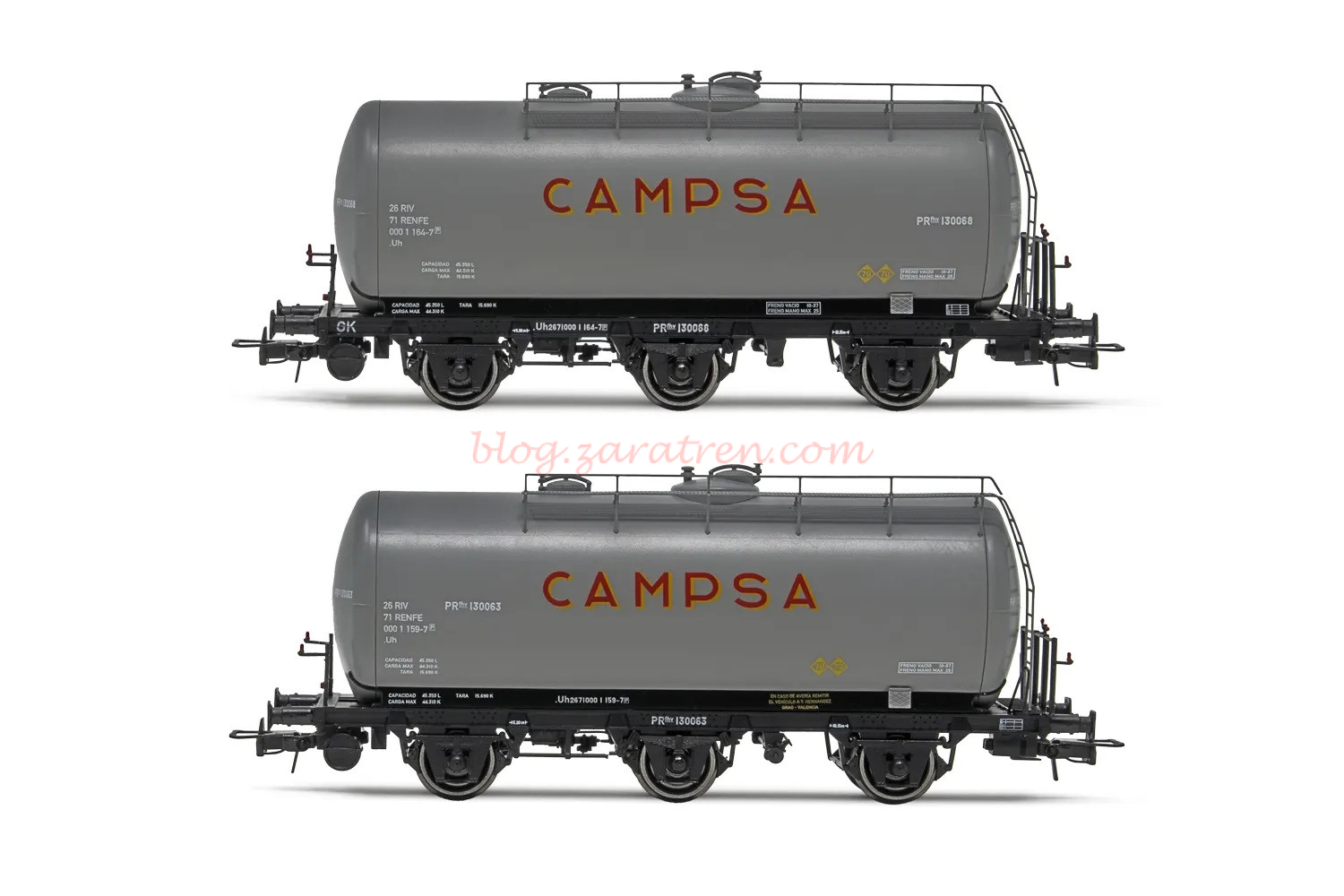 Electrotren – Set de 2 vagones cisternas de 3 ejes, decoración gris, «Campsa», Epoca III, Escala H0. Ref: HE6023