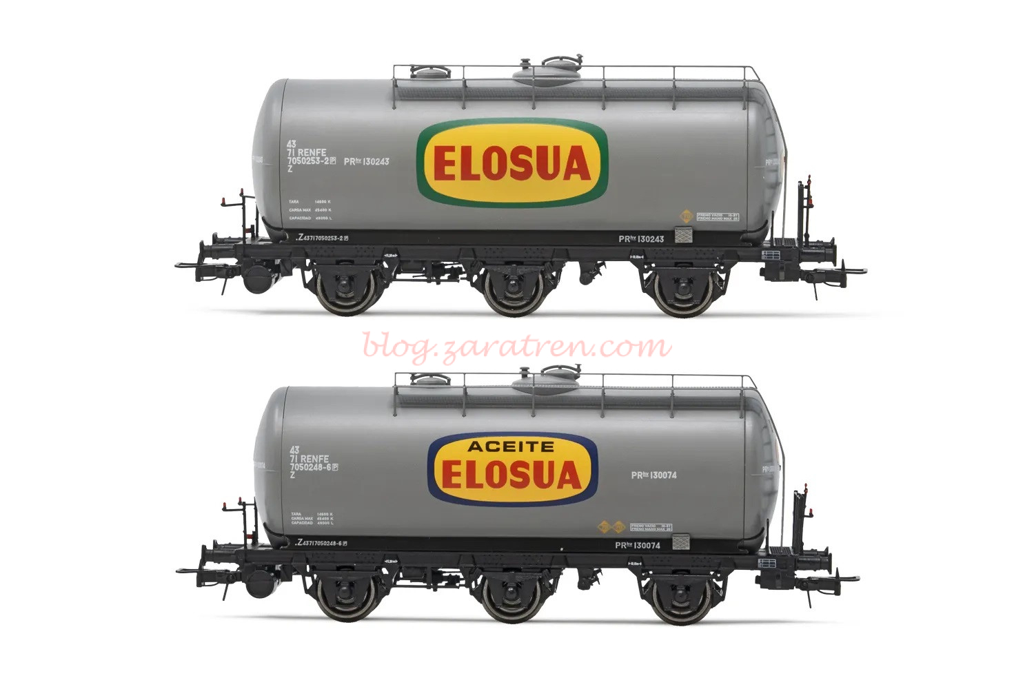 Electrotren – Set de 2 vagones cisternas de 3 ejes, decoración gris, «Aceite Elosua», Epoca IV, Escala H0. Ref: HE6024