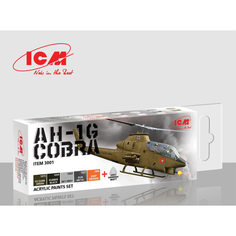 ICM – Set de pintura Acrílica, for AH-1G Cobra (early production), US Attack Helicopter, 6 Botes, Ref: 3001