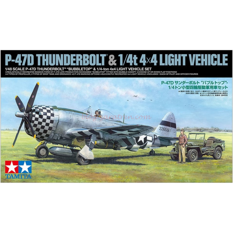 Tamiya – Avión P-47D Thunderbolt «Bubbletop» & 1/4-ton 4×4 Vehiculo Ligero, Escala 1:48, Ref: 25214