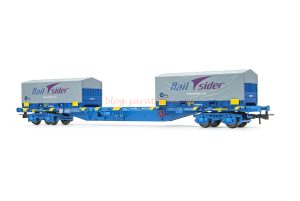 Electrotren - Vagón plataforma, Tipo MMC3, RENFE, Color Azul, Cont. Cadefer/Railsider, Epoca VI, Escala H0, Ref: HE6063
