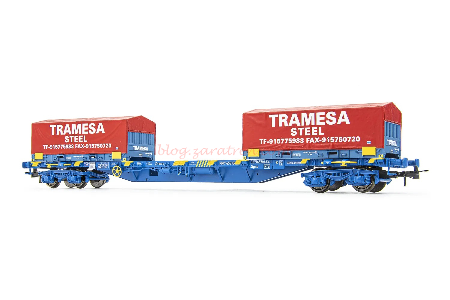 Electrotren – Vagón plataforma, Tipo MMC3, RENFE, Color Azul, Cont. Tramesa, Epoca VI, Escala H0, Ref: HE6064