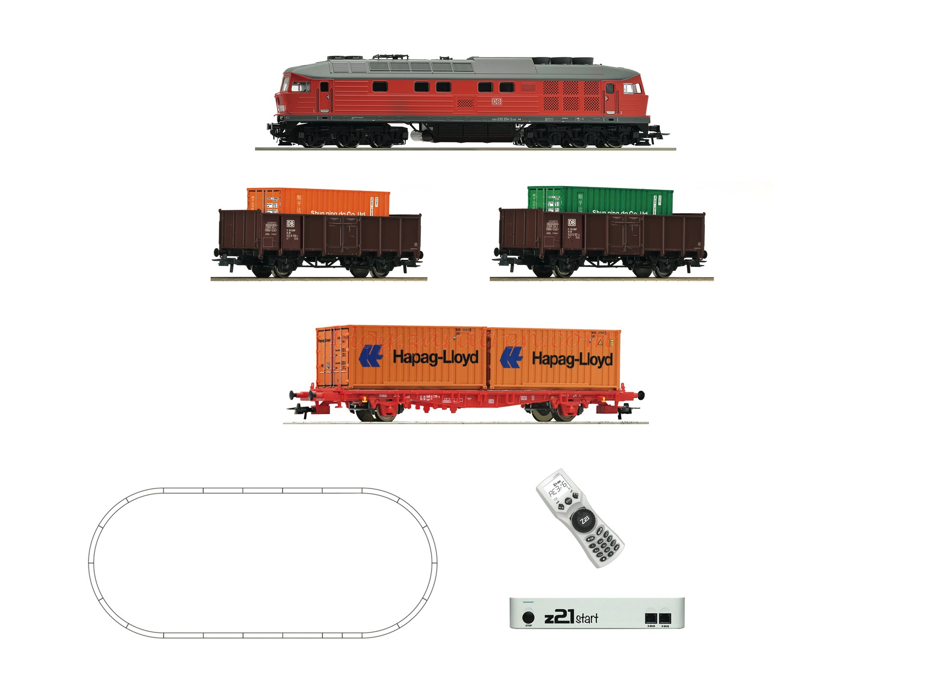 Roco – Set de iniciación Loc. Diesel clase 232 con tres vagones de mercancias, DB AG, Digital, Z21, mando, Ref: 5110003