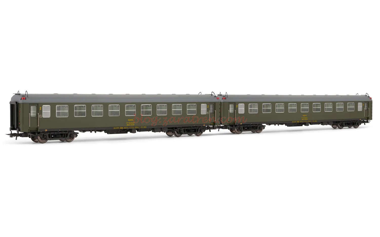 Electrotren – Set de 2 Coches 5000, Dec. Verde Oliva, 2 coches 2ª clase BB4, RENFE, Epoca IV, Escala H0, Ref: HE4026