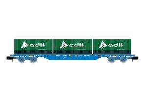 Arnold - Vagón Plataforma tipo Rgs RENFE, Color Azul, C. Adif, 20 pies, Escala N, Ref: HN6651