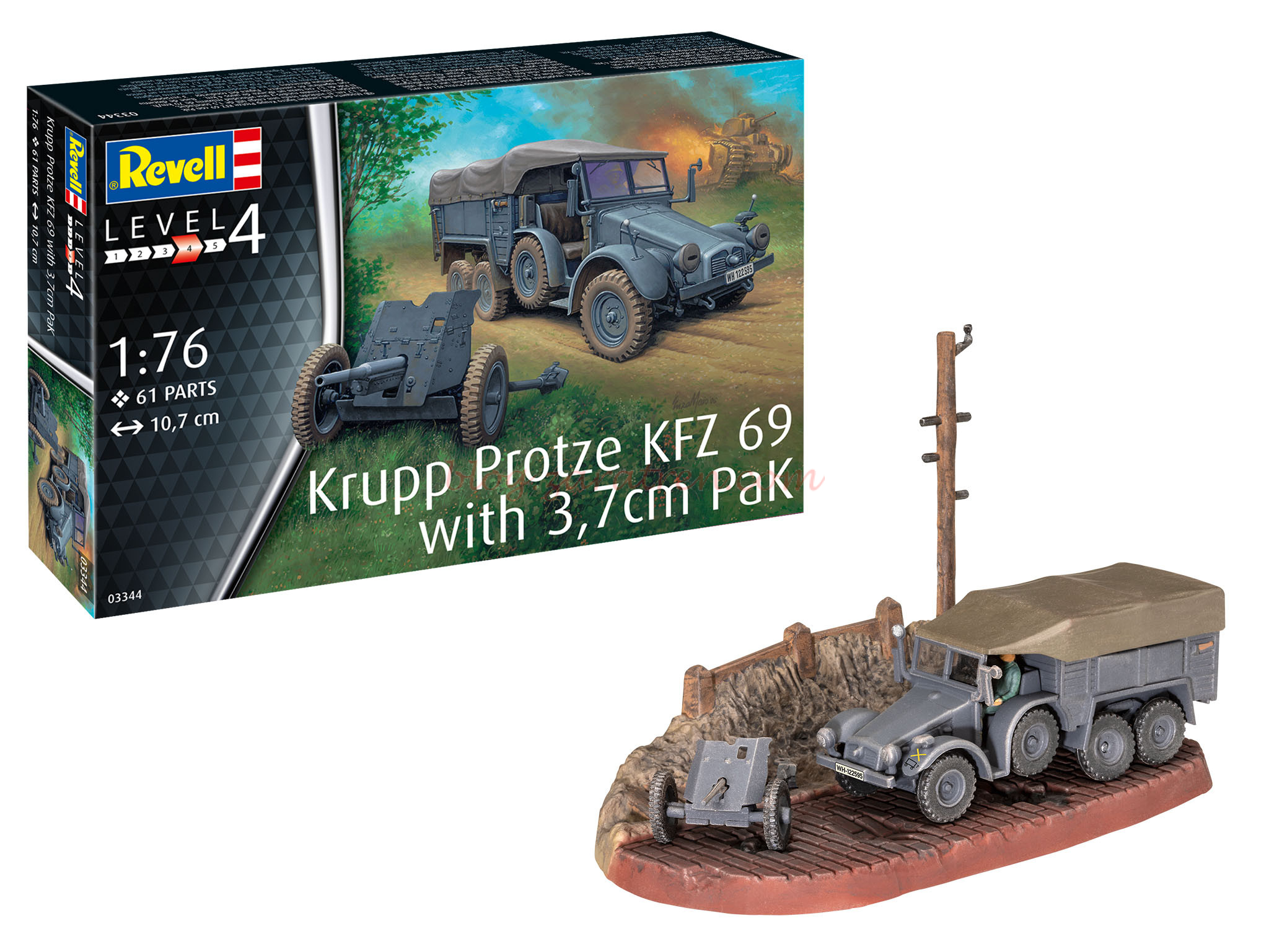 Revell – Vehiculo Krupp Protze KFZ 69 con paquete de 3,7 cm, Escala 1:76, Ref: 03344