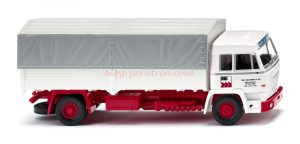 Wiking - Camión plataforma con lona (Büssing BS 16 L) “Bruns”, Color Blanco-Rojo, Escala H0, Ref: 084911