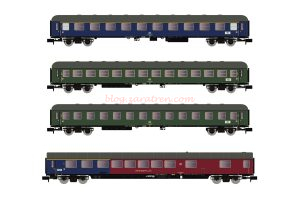 Arnold - Set de 4 coches, decoración azul, verde y azul/roja, DB, Epoca IV, Escala N, Ref: HN4359