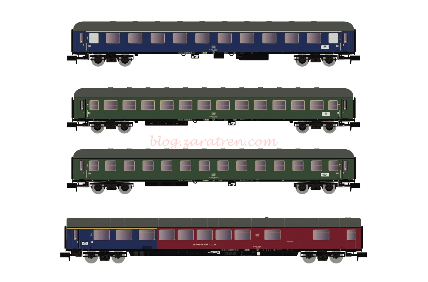 Arnold – Set de 4 coches, decoración azul, verde y azul/roja, DB, Epoca IV, Escala N, Ref: HN4359