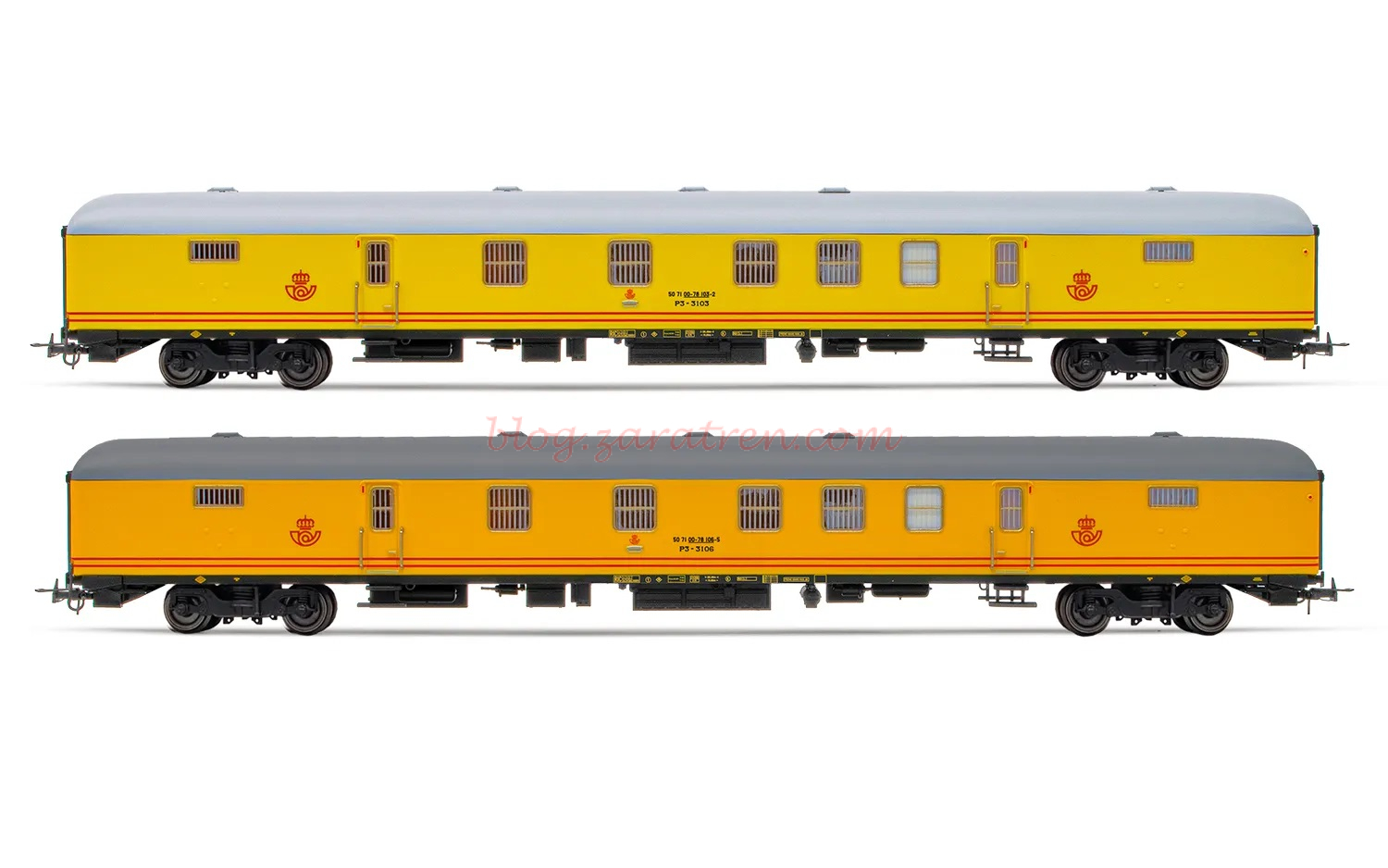 Electrotren – Set de dos furgones postales P3-3100, RENFE, C. Amarillo, Bogies 160 km/h, Ep. IV-V, Escala H0, Ref: HE4021