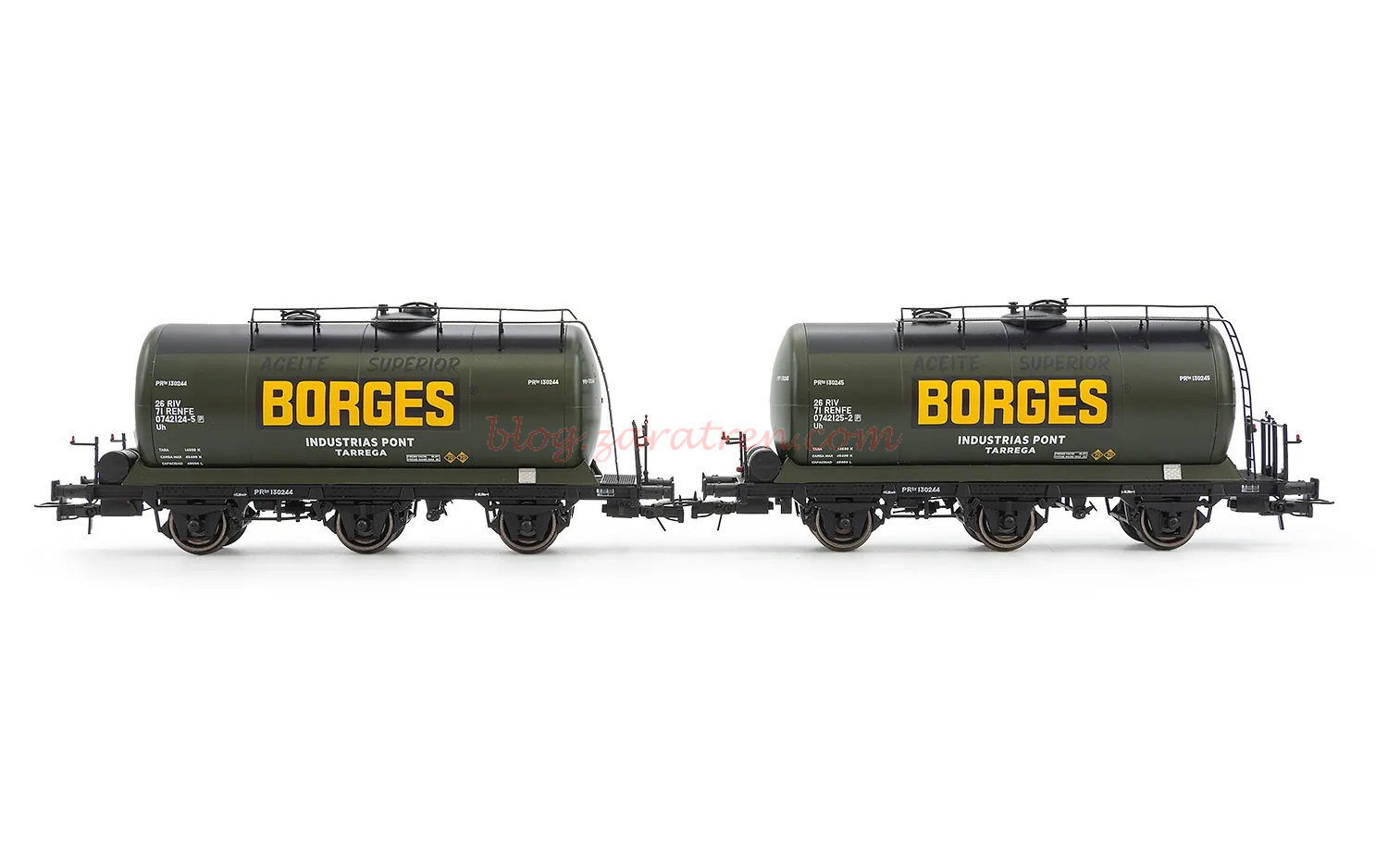 Electrotren – Set de 2 vagones cisternas de 3 ejes, decoración gris oscuro, «Borges», Epoca IV, Escala H0. Ref: HE6052