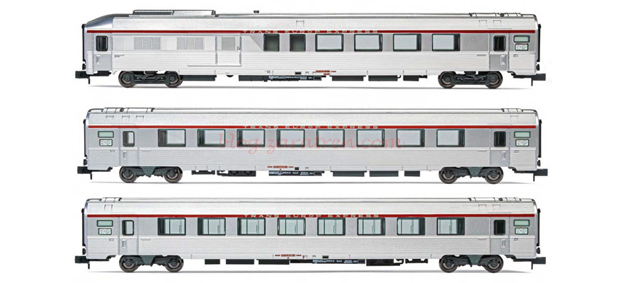 Arnold – Set de 3 coches TEE «Cisalpin» (Milán – París), Librea Plateada, SNCF, Epoca IV, Escala N, Ref: HN4441