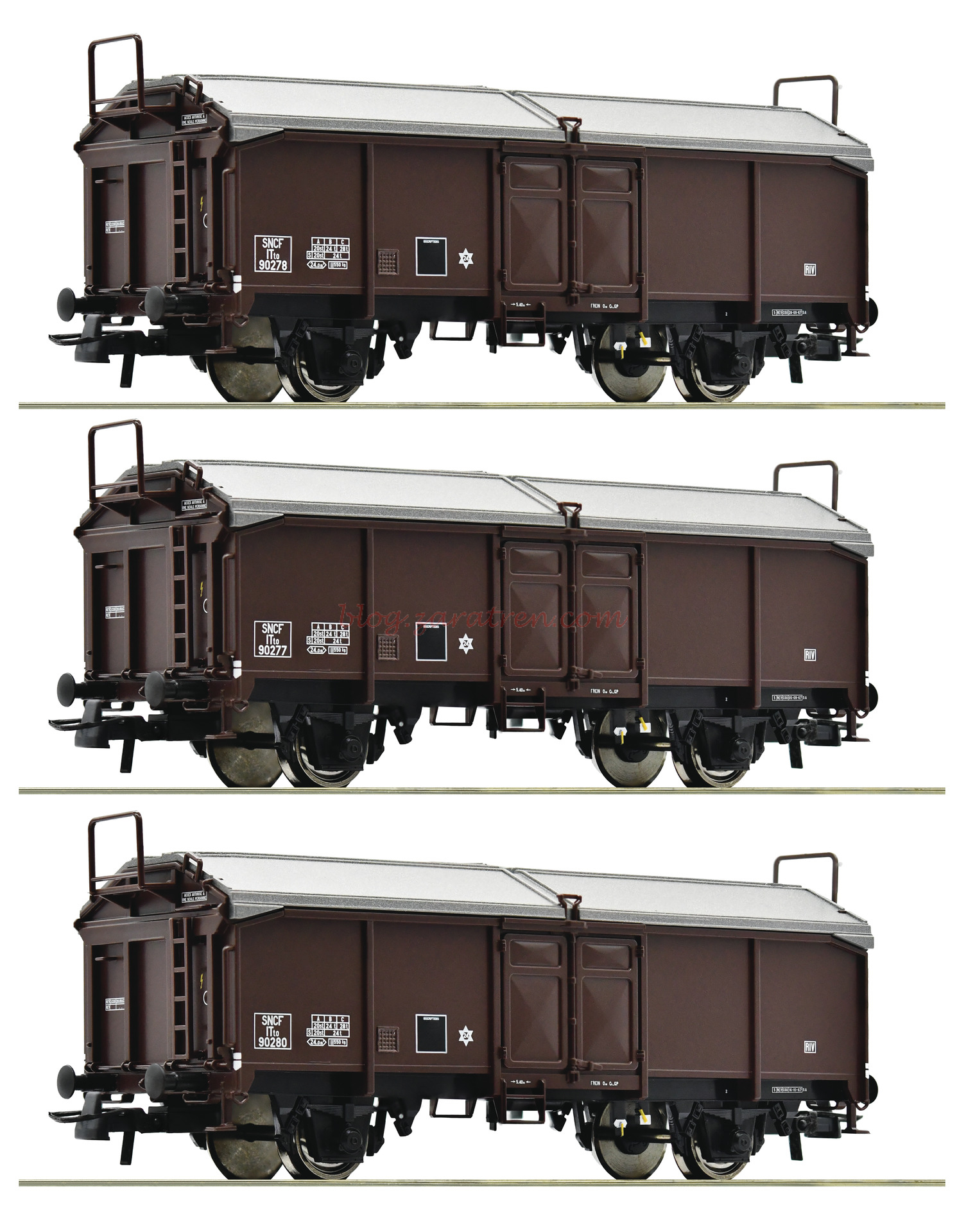 Roco – Tres vagones con techos corredizos, SNCF, Epoca III, Escala H0, Ref: 77020