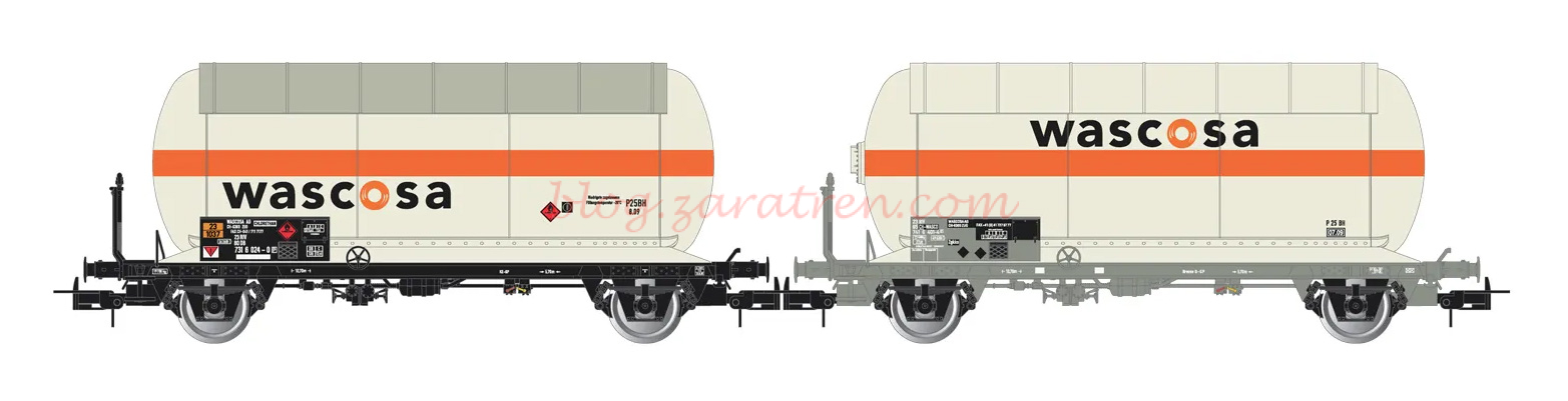 Rivarossi – Set de dos vagones cisterna de gasolina, dos ejes, serie Zgs, «Wascosa», SBB, Epoca V, Escala H0, Ref: HR6622