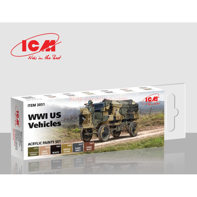 ICM – Set de pintura Acrílica, WWI US Vehicles, 6 Botes, Ref: 3051