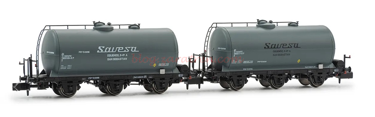 Arnold – Set de dos Vagones cisterna PR de 3 ejes «Savesa» Epoca IV, RENFE, Decoración Gris, Ref: HN6672