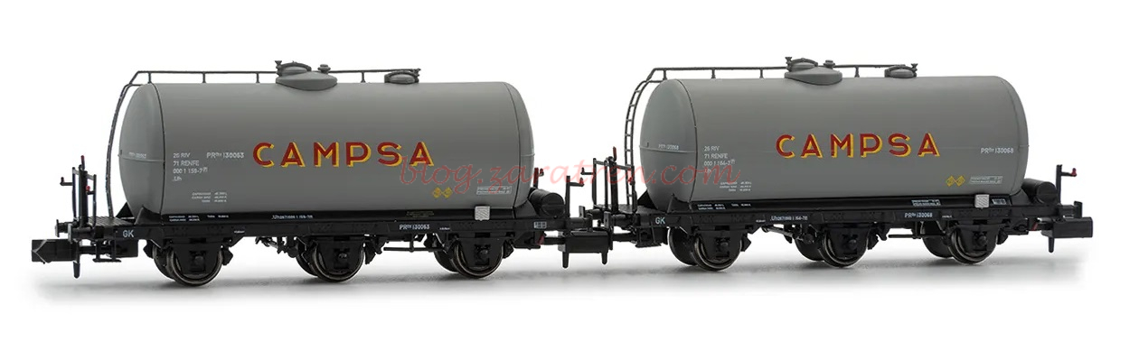 Arnold – Set de dos Vagones cisterna PR de 3 ejes «Campsa» Epoca III, RENFE, Decoración Gris, Ref: HN6674