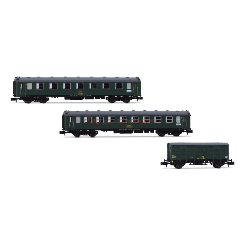 Arnold – Set de 2 coches tipo 5000 y un furgón, Decoración verde Oliva, ALSA, Epoca VI, Escala N, Ref: HN4480