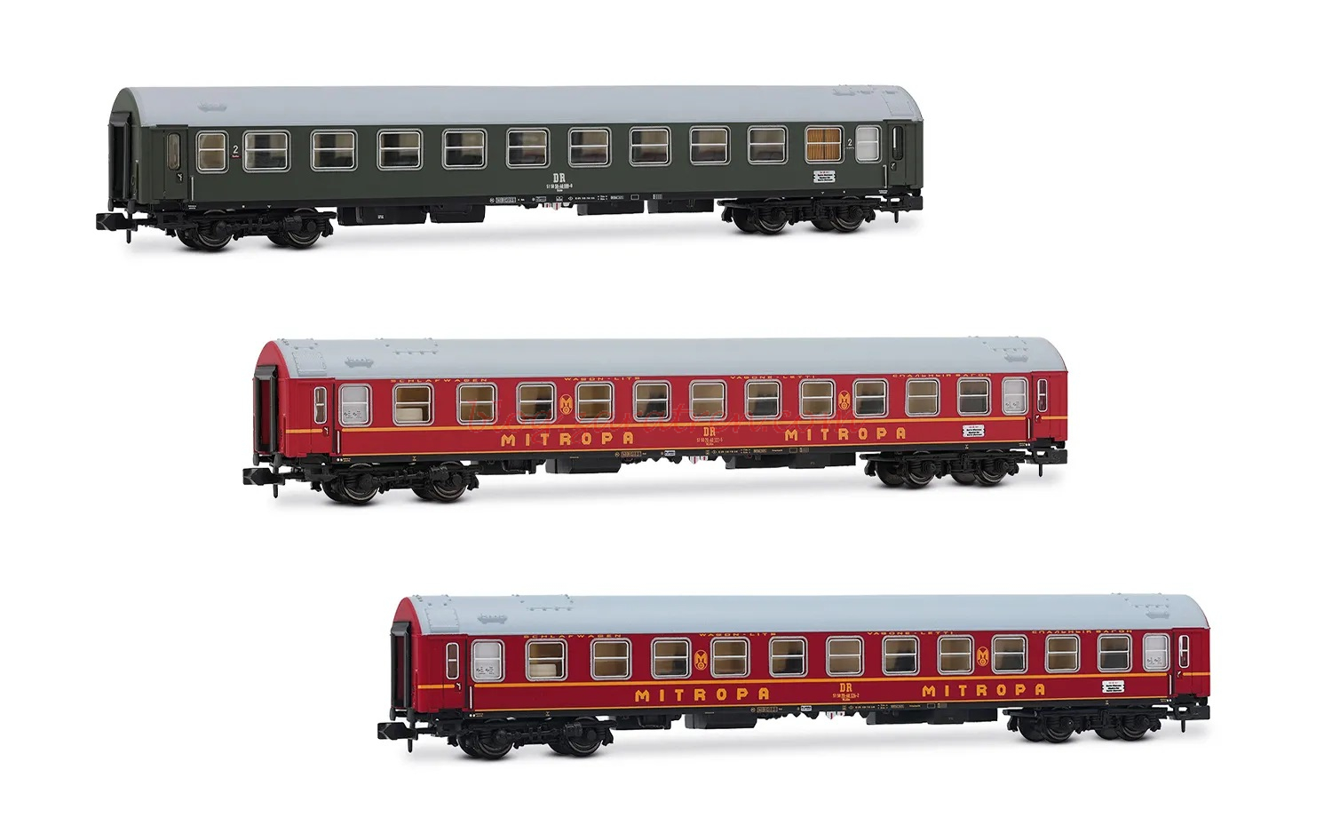 Set de tres coches de Pasajeros OSShD Tipo B «Spree-Alpen-Express», DR, Epoca IV, Escala N. Marca Arnold, Ref: HN4423