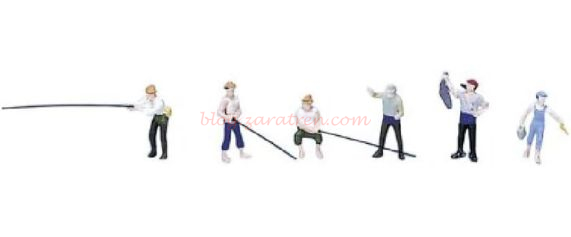 Kato – Personajes pescando y con complementos, Seis figuras, Escala N. Ref: 24-221.