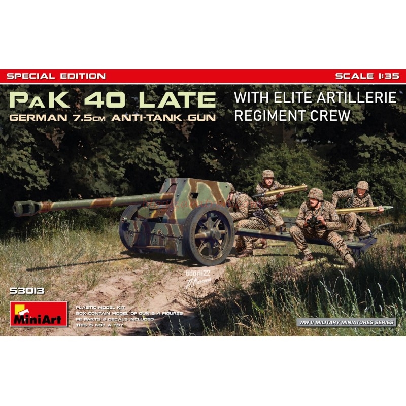 Miniart Models – PaK 40 Late Alemán de 7,5 cm con Tripulación del Regimiento de Artillería de Élite, Escala 1:35, Ref: 53013.