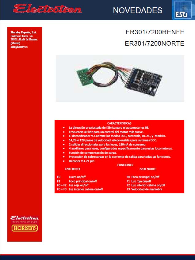 Electrotren – Decoder para la Serie 7200 – Norte/Renfe 21PIN