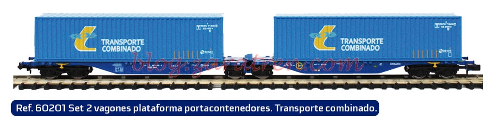 Mabar – Vagones plataforma porta-contenedores en las versiones de RENFE MERCANCÍAS y TRANSPORTE COMBINADO, Ref. 60200 y Ref. 60201 , Escala N