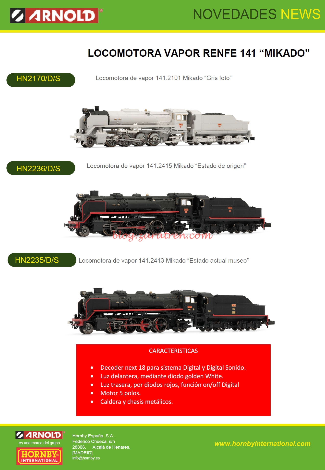 Arnold – Locomotora Vapor 141 – «MIKADO» diversas referencias, Analógica, Digital y con Sonido. Escala N
